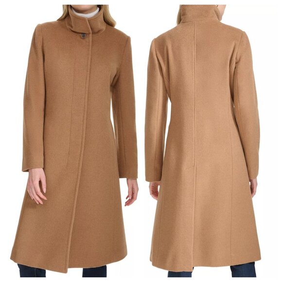 Cole Haan Stand-collar Single-breasted Wool Blend Coat Camel - Picture 2 of 3
